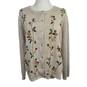 Designers Originals Studio Cardigan Medium Embroidered Floral‎ Beige Cottagecore